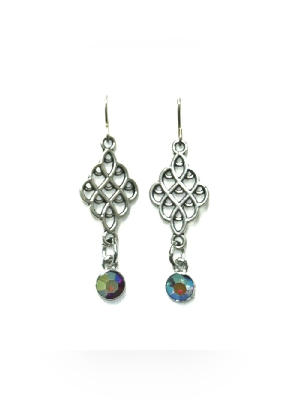 Silver Filigree Drop Earrings with Iridescent Red Crystal